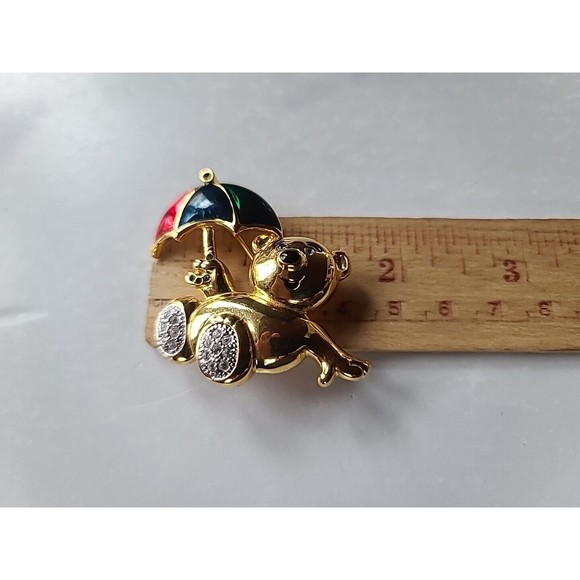 Vintage Rhinestone Teddy Bear With Umbrella Brooch - Picture 9 of 10